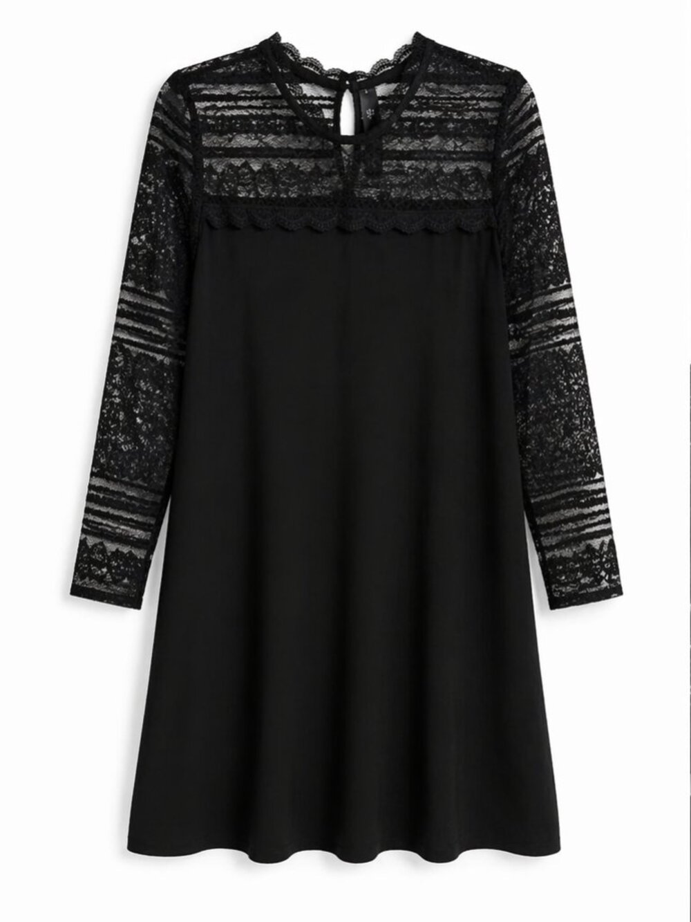NWT Black Lace Yoke Dress | Sheer Sleeves | Elegant A-Line | Size 14 (EUR 46)